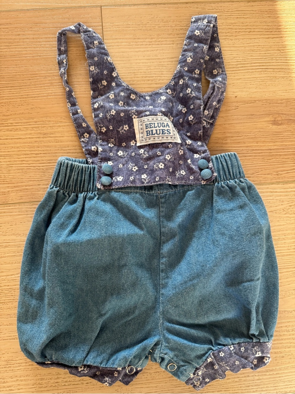 VTG Beluga Blues Denim Floral Bubble Romper Overalls | 6-9M | Excellent